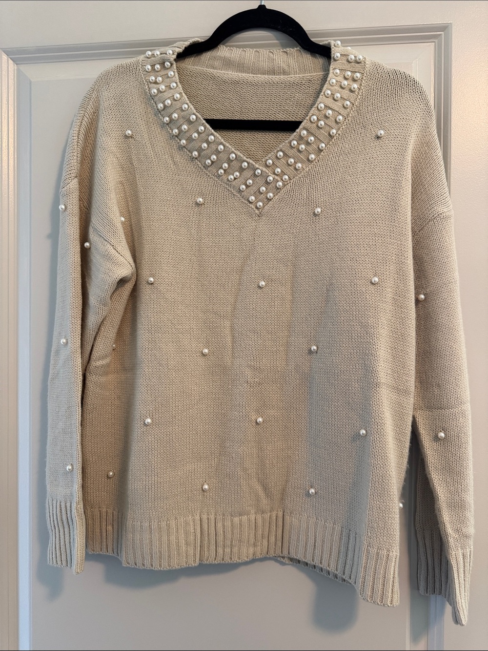 Pearl-Embellished Cream V-Neck Sweater